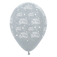 Sempertex 30cm Happy Birthday Stars Satin Pearl Silver Latex Balloons, 6PK