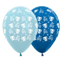 Sempertex 30cm 1st Birthday Boy Elephants Satin Pearl Blue and Metallic Blue Latex Balloons, 25PK