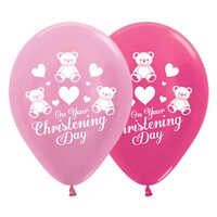 Sempertex 30cm On Your Christening Day Satin Pearl Pink and Metallic Fuchsia Latex Balloons, 25PK