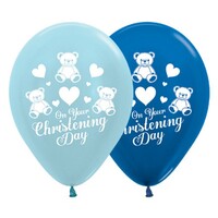 Sempertex 30cm On Your Christening Day Satin Pearl Blue and Metallic Blue Latex Balloons, 6PK