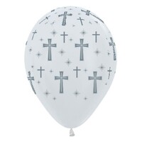 Sempertex 30cm Holy Cross Satin Pearl White and Silver Ink Latex Balloons, 25PK