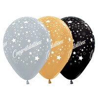 Sempertex 30cm Congratulations Stars Metallic Gold, Silver Black Latex Balloons, 25PK