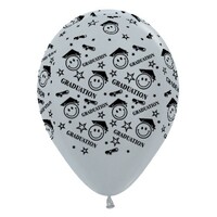 Sempertex 30cm Graduation Smiley Faces Satin Pearl Silver Latex Balloons, 6PK