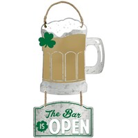 St Patrick's Day The Bar is OPEN and Beer Mug Hanging Metal Sign