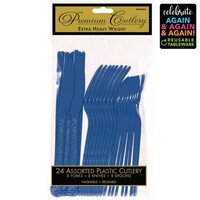 Premium Cutlery Set 24 Pack Bright Royal Blue Extra Heavy Weight