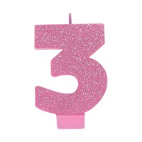 #3 Pink Glitter Numeral Candle  