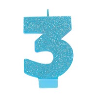 #3 Blue Glitter Numeral Candle  