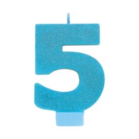 #5 Blue Glitter Numeral Candle  