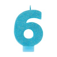#6 Blue Glitter Numeral Candle  