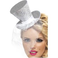 Mini Top Hat On Headband Silver Costume Accessory