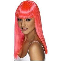 Neon Pink Long Straight Glamourama Wig Costume Accessory