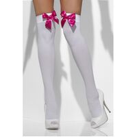 White Opaque Hold Ups with Fuchsia Bows Costume Accessory 