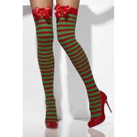 Red and Green Striped With Bows Opaque Hold Ups Costume Accessory 