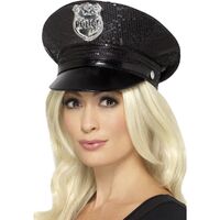 Police Hat Sequin Black Costume Accessory