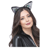 Jewelled Black Cat Ear Headband Costume Accessory