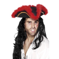 Pirate Red Feather Tricorn Hat Costume Accessory