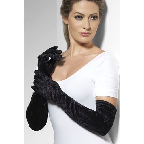 Long Black Velveteen Gloves Costume Accessory