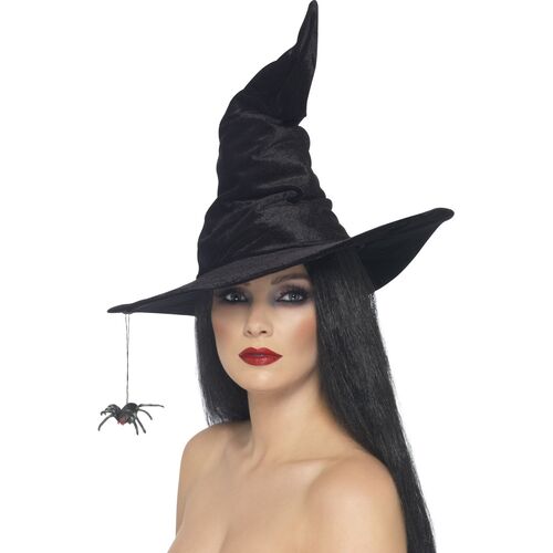 Black Velour Witches Hat with Spider Costume Accessory 