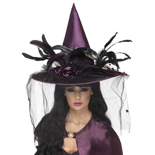 Witches Deluxe Hat With Feathers and Netting Purple Costume Accessory
