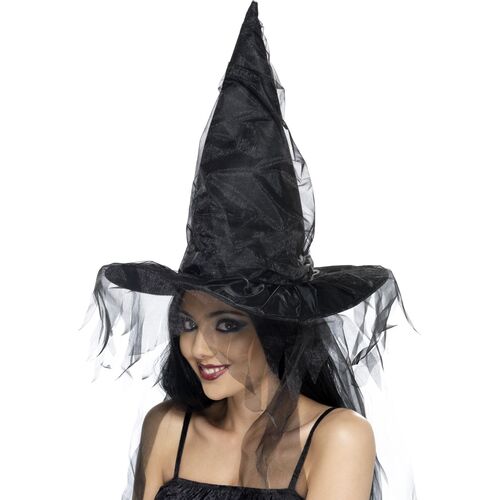 Witches Hat With Netting Black Costume Accessory 