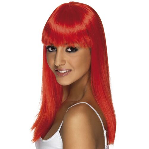 Long Neon Red Straight Wig Costume Accessory