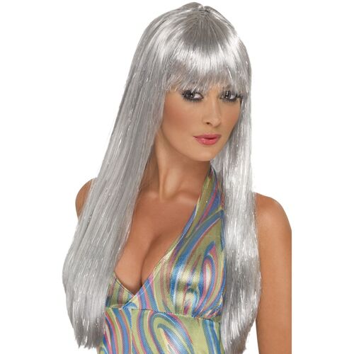 Long Silver Glitter Straight Wig Costume Accessory