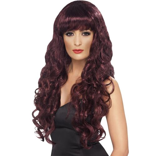 Long Curly Maroon Siren Wig Costume Accessory 