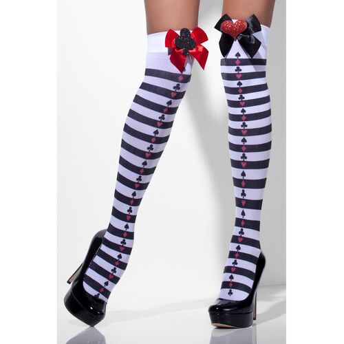 Black and White Striped Opaque Hold Ups with Red Bows Costume Accessory