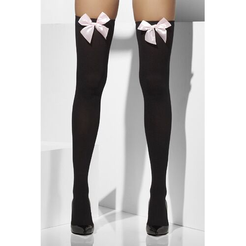 Black Opaque Hold Ups with Pink Bow Costume Accessory 