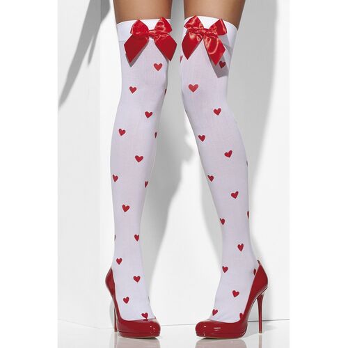 White Opaque Hold Ups with Heart Print Costume Accessory 