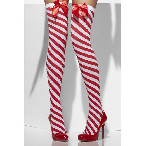 Red and White Striped With Bows Opaque Hold Ups