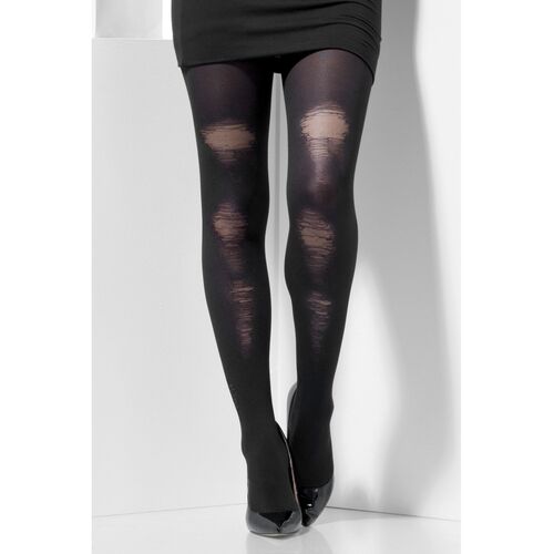 Black Distressed Detail Opaque Tights Costume Accessory