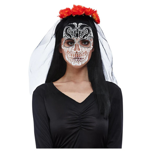 Day of the Dead Headband with Printed Veil Costume Accessory