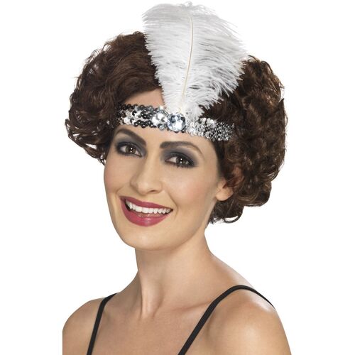 Flapper Headband Silver with Feather Costume Accessory