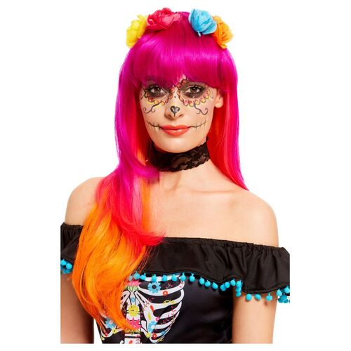 Day of the Dead Pink and Orange Wig Costume Accessory